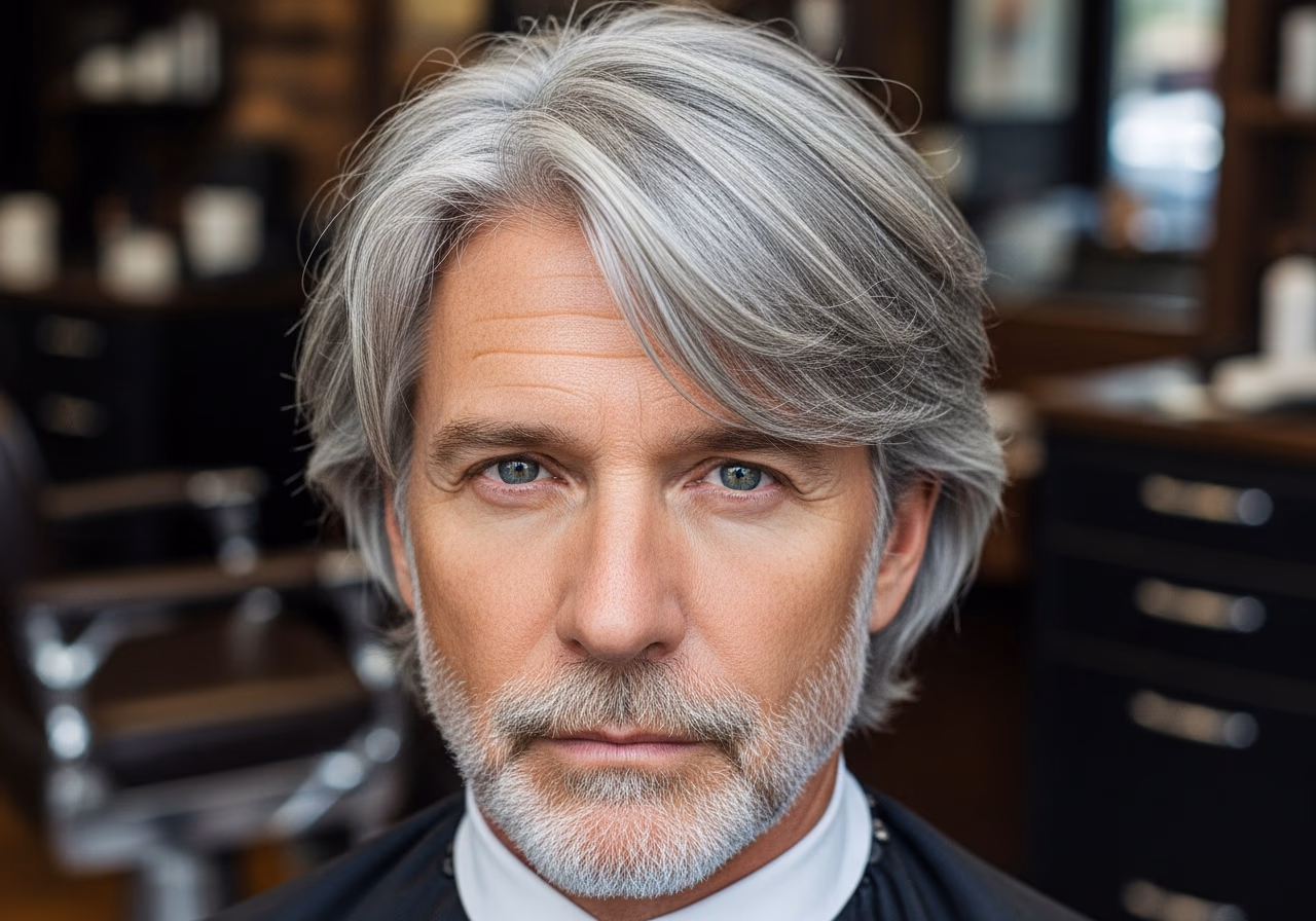 Gray Curtain Bangs Texture — for men embracing gray or silver hair in 2026