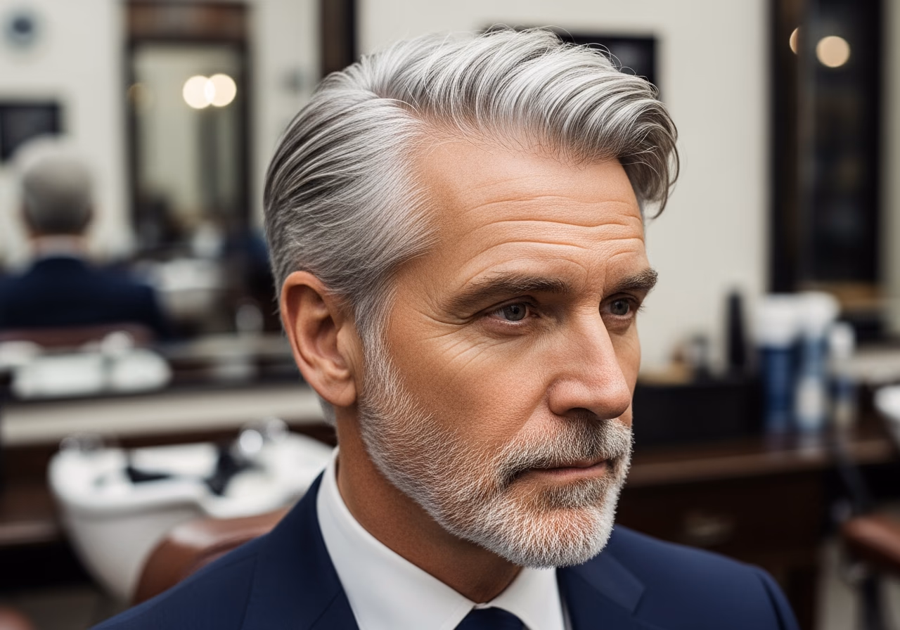 Polished Gray Side Sweep — for men embracing gray or silver hair in 2026