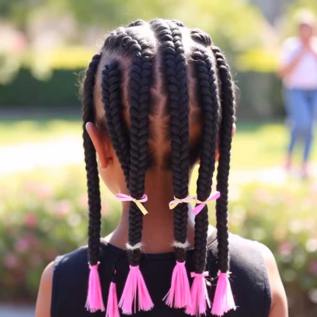 Extra Long Box Braids with Pink Ends and Ribbons