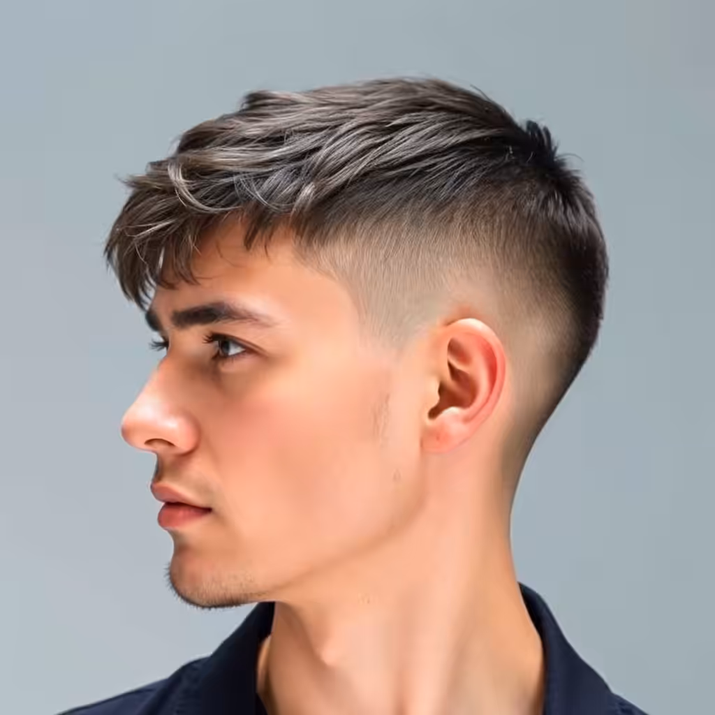 Faded Bald with Textured Bangs Haircuts