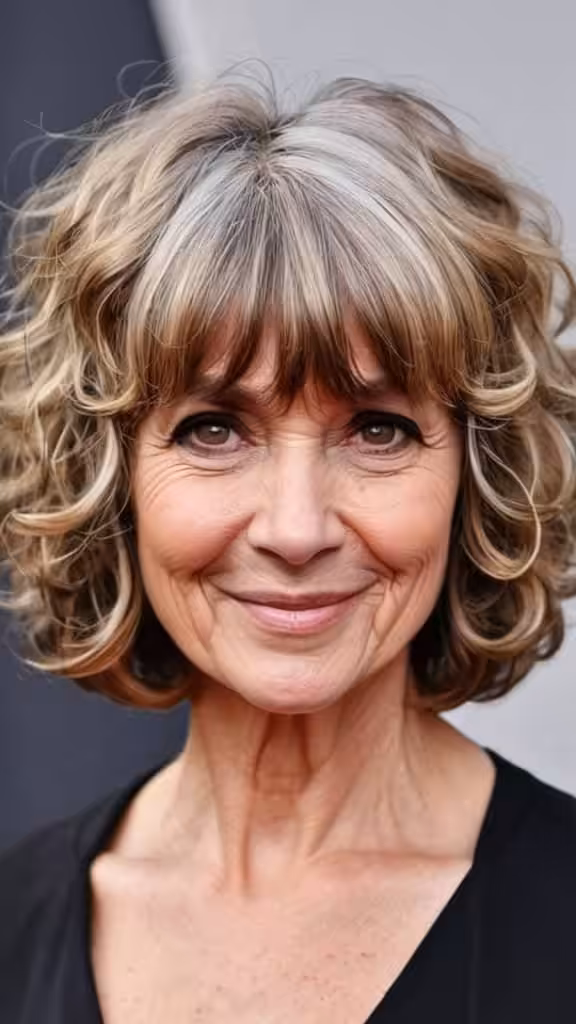 Curly Bob with Full Fringe Bangs