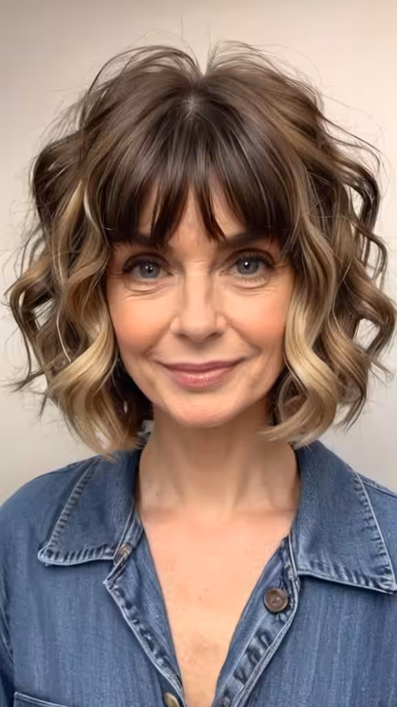 Curly Lob With Curtain Bangs