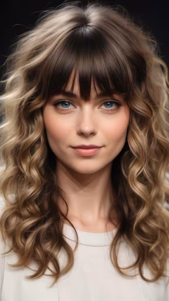 Layered Curls with a Thick, Curly Fringe
