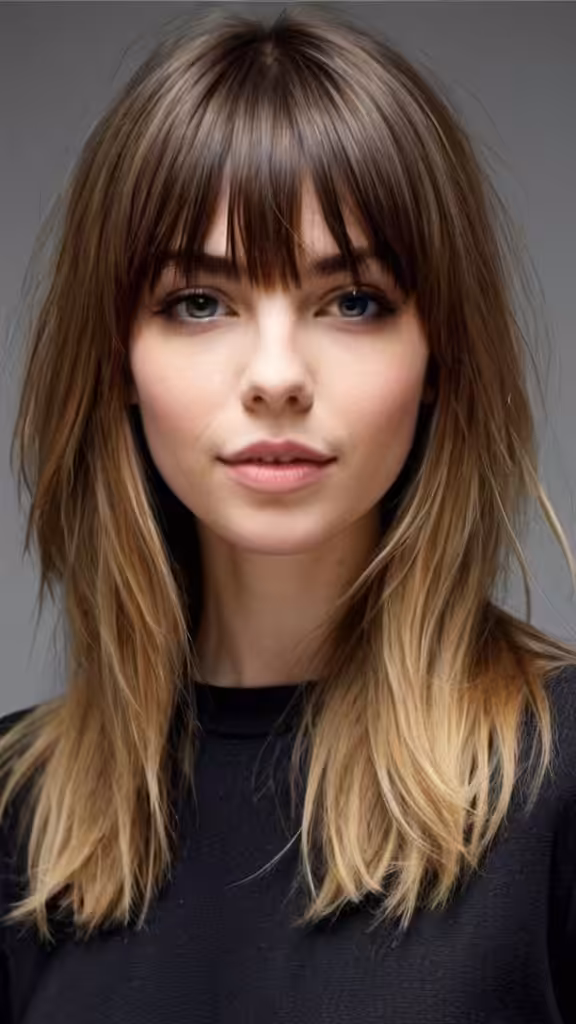 Layered Long Haircut with Parted Bangs