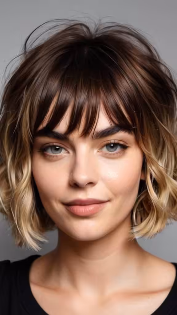 Layered Wavy Bob With Brow-Grazing Bangs