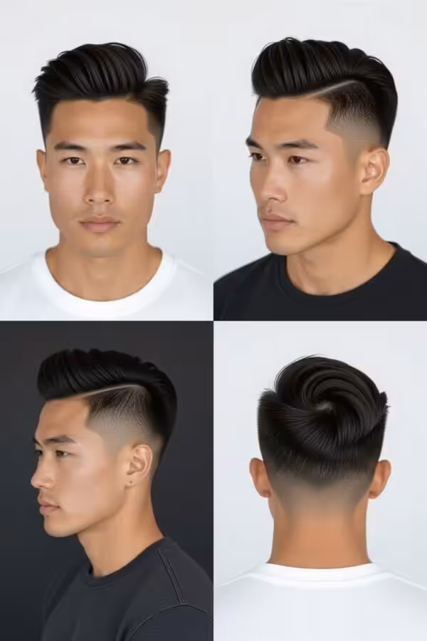 Comb over low taper fade, side-swept hairstyle with defined part, polished look.