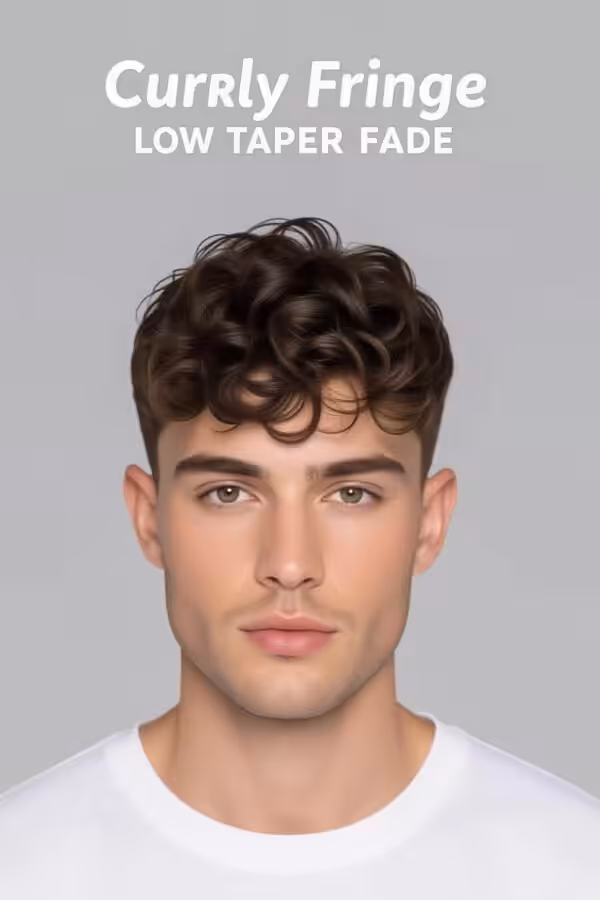 Curly fringe low taper fade, forward curly hairstyle, youthful textured look.
