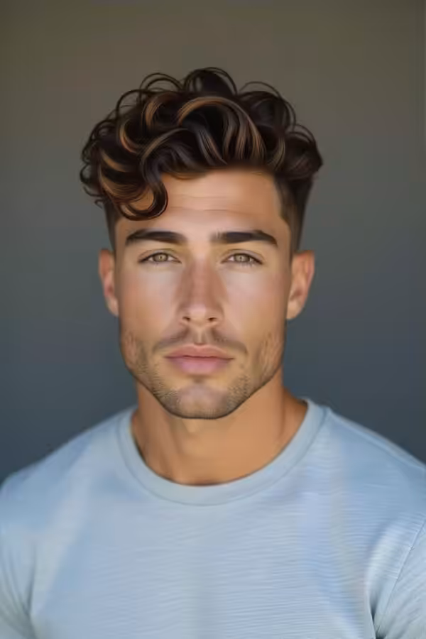 Curly low taper fade, bouncy curls hairstyle, textured vibrant look.