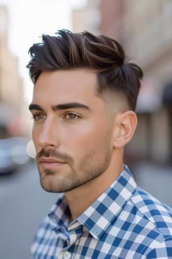 Diamond face low taper fade, textured top hairstyle, cheekbone highlight.