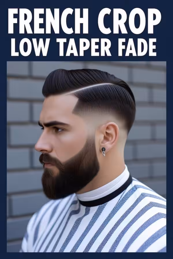 French crop low taper fade, forward fringe hairstyle, casual clean look.