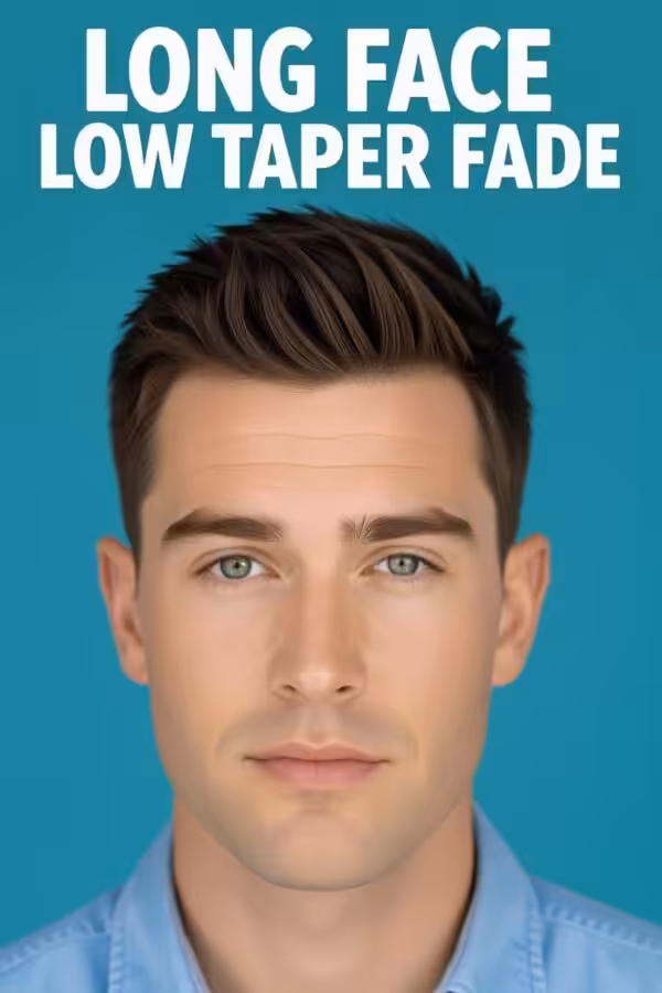 Long face low taper fade, short top hairstyle, face-shortening effect.
