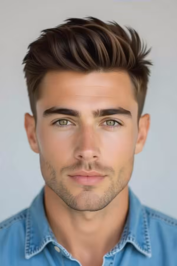 Round face low taper fade, short top hairstyle, elongating effect.