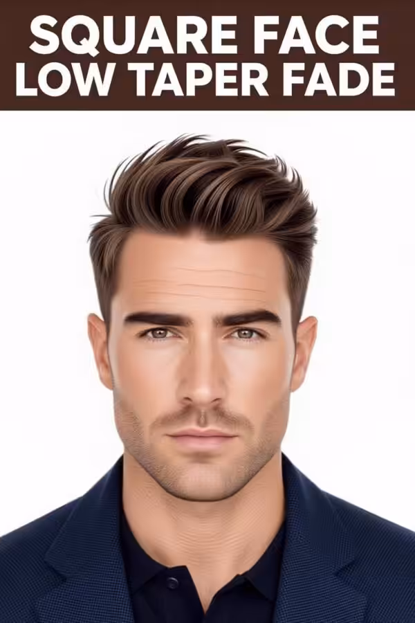 Square face low taper fade, textured top hairstyle, softened jawline.