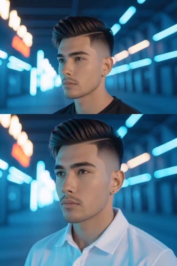 Temple fade low taper fade, subtle temple-focused hairstyle, clean minimalist look.
