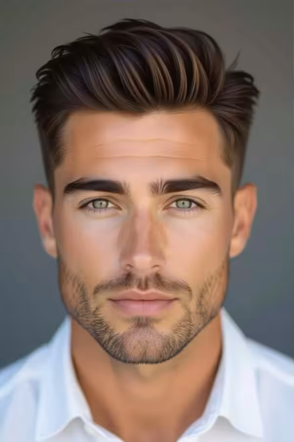Thick hair oval face low taper fade, short top hairstyle, controlled bulk.