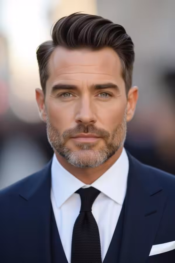 Triangular face low taper fade, voluminous top hairstyle, balanced look.