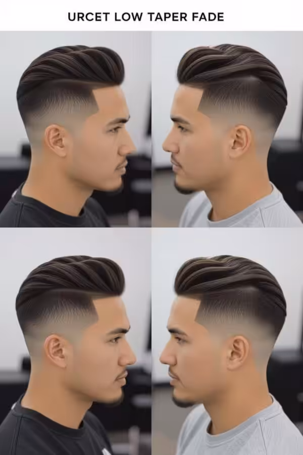 Undercut low taper fade, disconnected top hairstyle, bold professional look.