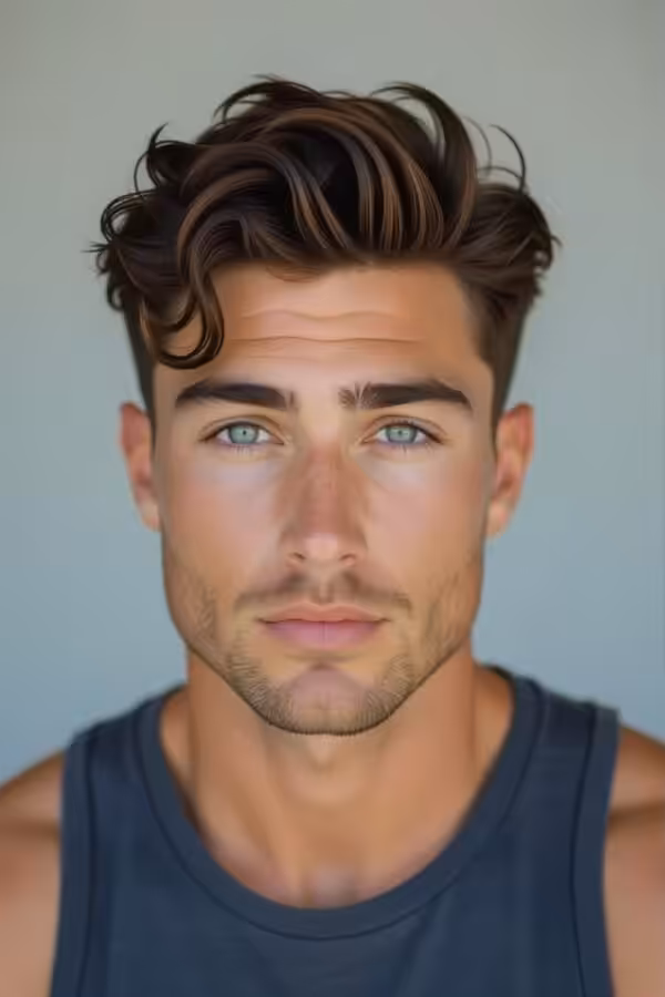 Wavy top low taper fade, short wavy top hairstyle, textured casual look.