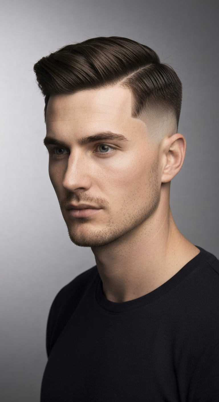 Structured butch crew cut for men 2026 – even #3 length, diamond face clean taper.