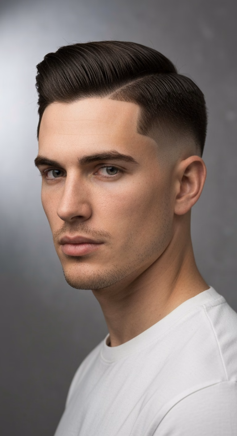 Forward crew cut for men – #4 swept fringe, square face softening taper.