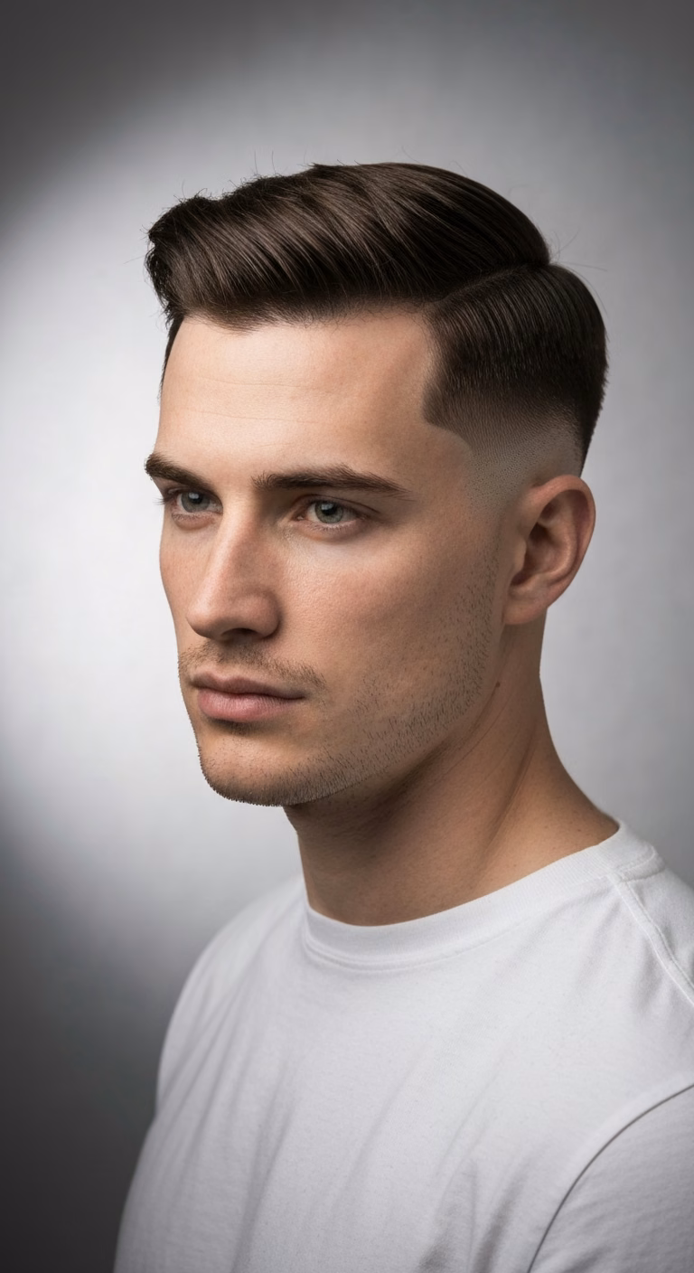 Retro flat crew cut for men – boxed #3 top taper, oval height illusion.