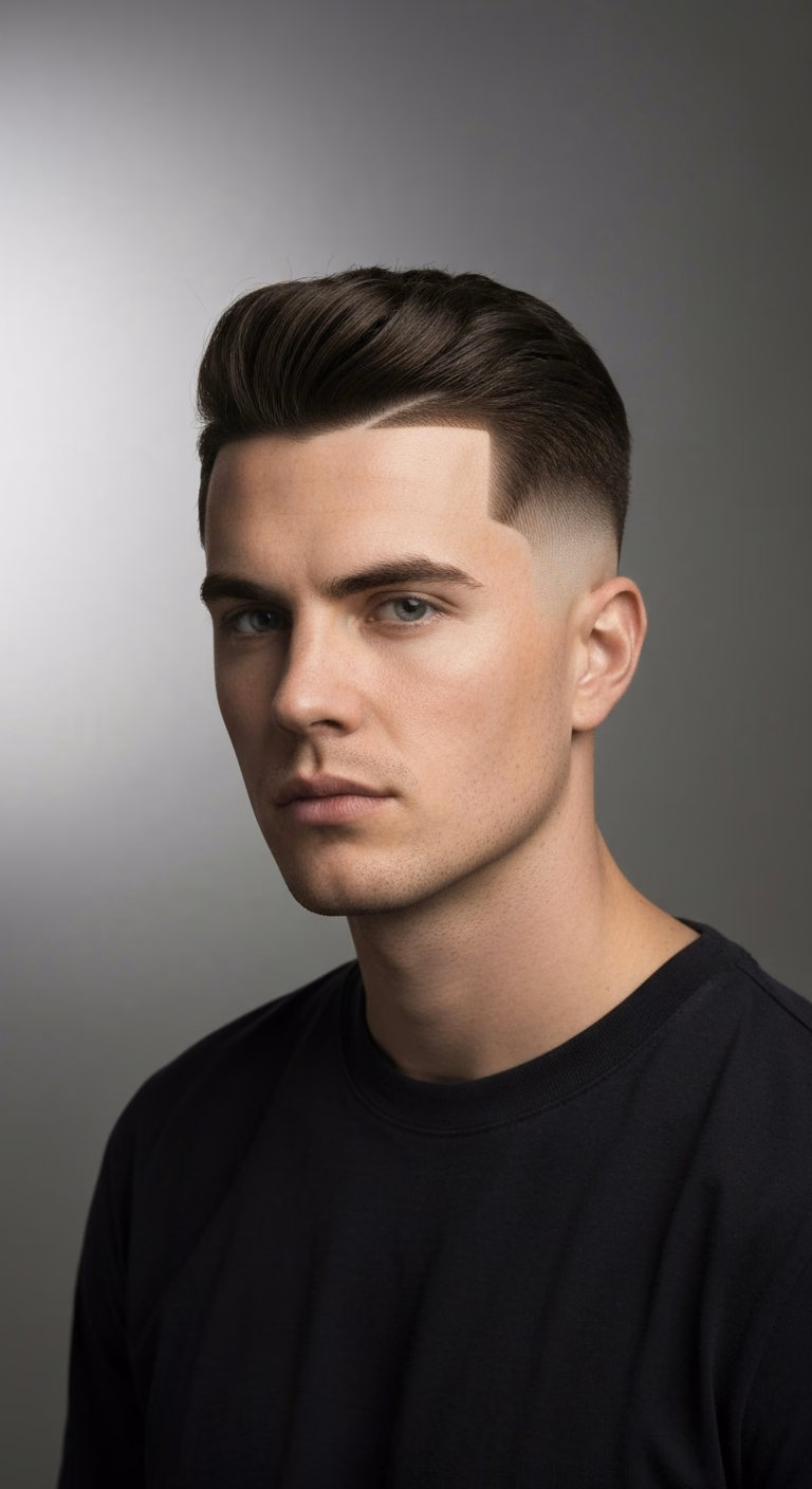 Reverse crew cut for men – #5 long top buzzed sides, heart flip.