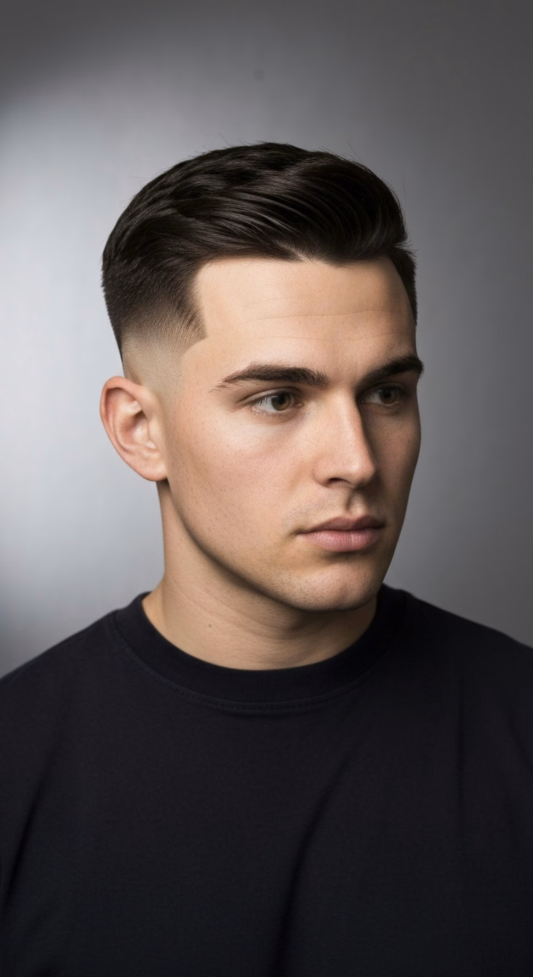 Asymmetric crew cut for men 2026 – #3-5 uneven sides, oval art skew.