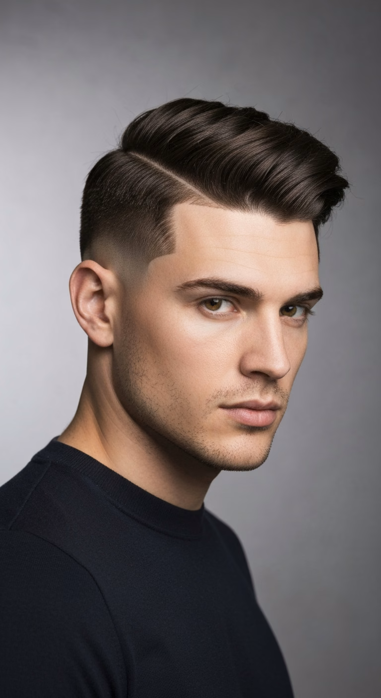 Skin-fade crew cut for men 2026 – #4 top bald sides, square contrast.
