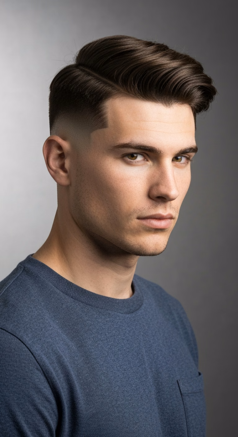Burst-fade crew cut for men – curved ear fade, heart flowy style.