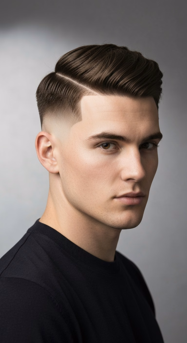 Drop-fade crew cut for men 2026 – low arc #4 top, oval street edge.
