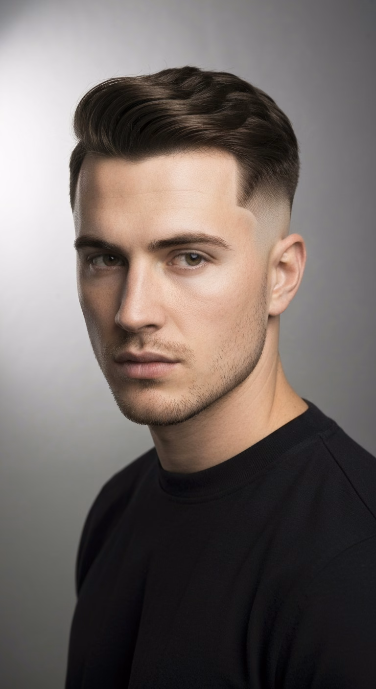 Shadow-fade crew cut for men – #3-2 subtle gradient, rectangular stealth.