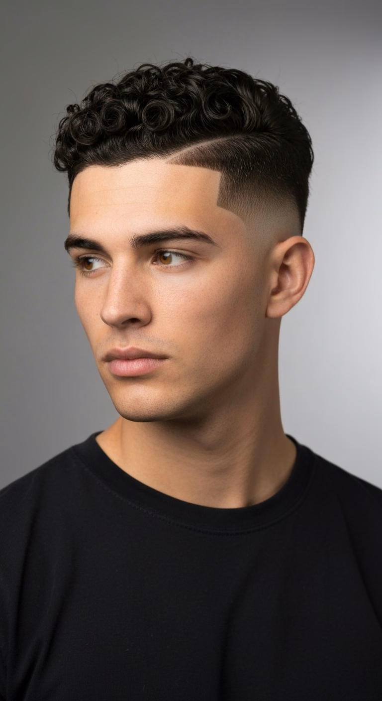 Curly low taper fade for men showing voluminous natural curls with subtle low fade