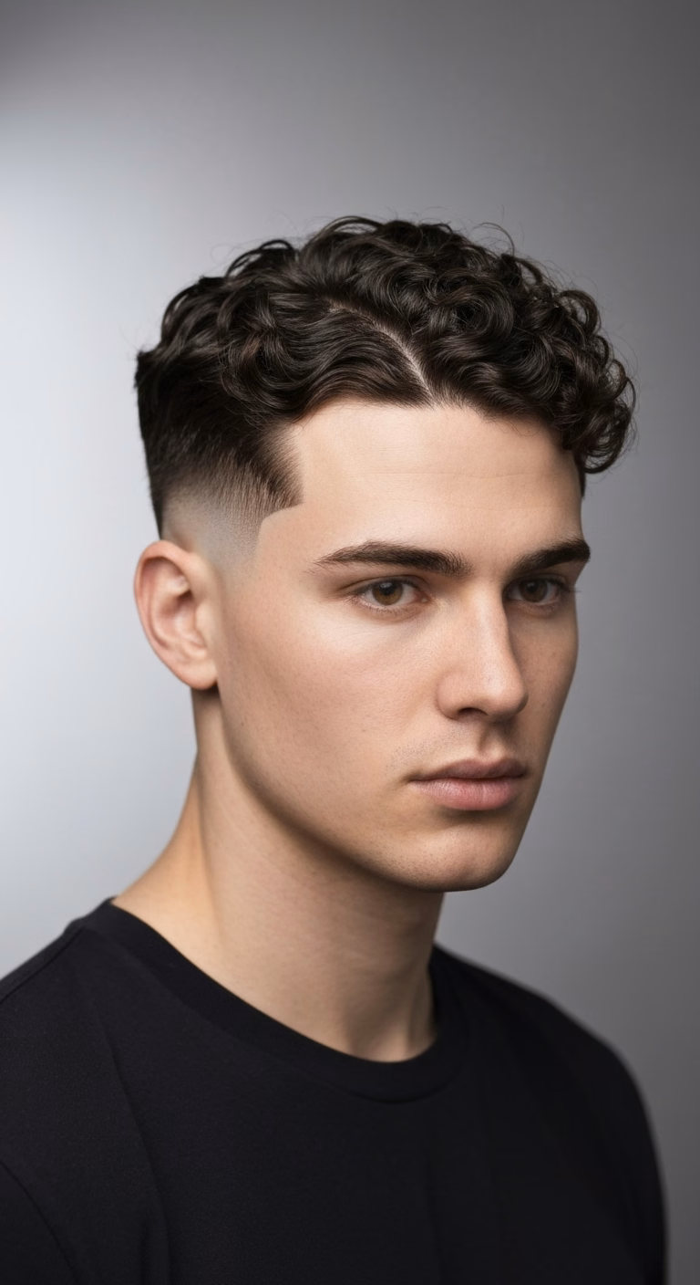 Curly low taper fade for men showing voluminous natural curls with subtle low fade