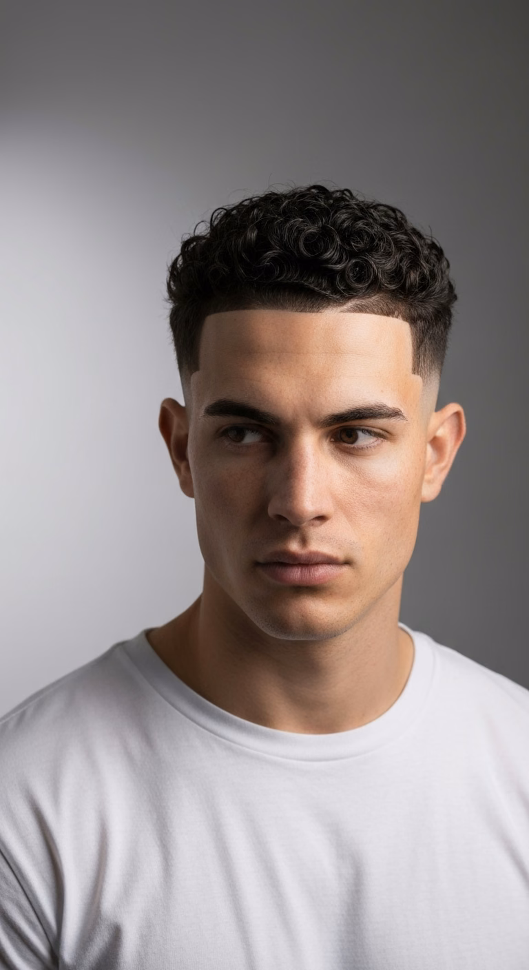 Curly low taper fade for men showing voluminous natural curls with subtle low fade