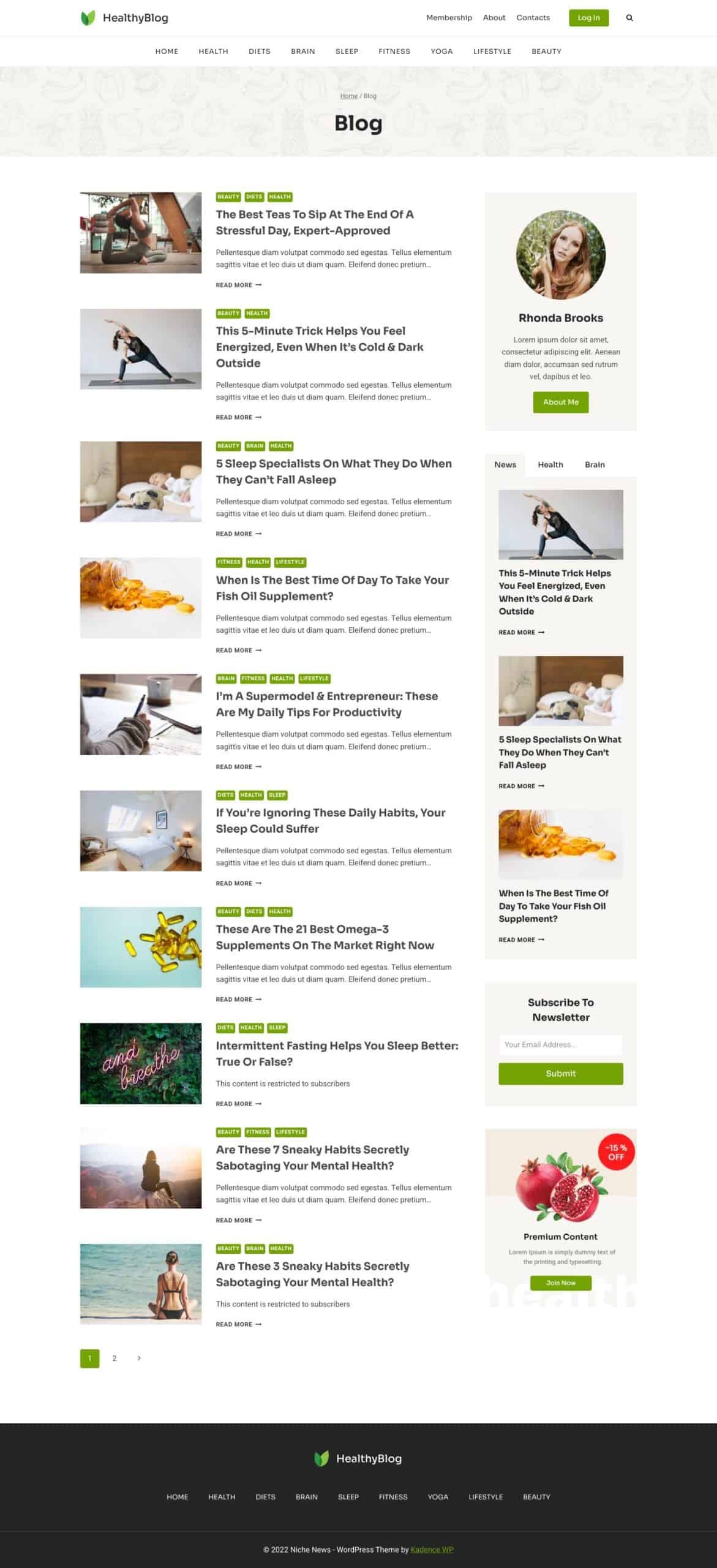 A blog homepage featuring articles on health and lifestyle, with a header, sidebar, and grid layout. Articles have images, titles, and short descriptions. The sidebar includes an author bio with an image and subscription options. The footer shows navigation links.