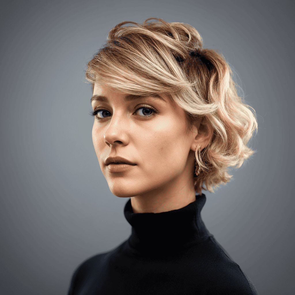 A woman with short, wavy blonde hair and an asymmetric cut wears a black turtleneck while gazing confidently at the camera. She stands against a neutral gray background, exuding a poised and stylish demeanor.