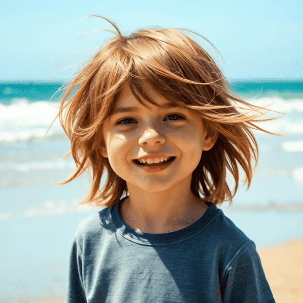 A smiling child with long locks stands at the beach, waves and a clear blue sky in the background.