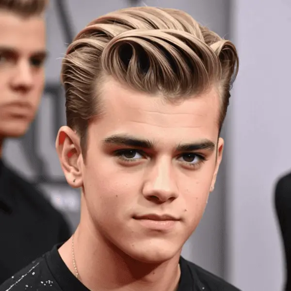 A person with a celebrity-inspired hairstyle in a dark shirt stands before a blurred backdrop with two other indistinct figures.