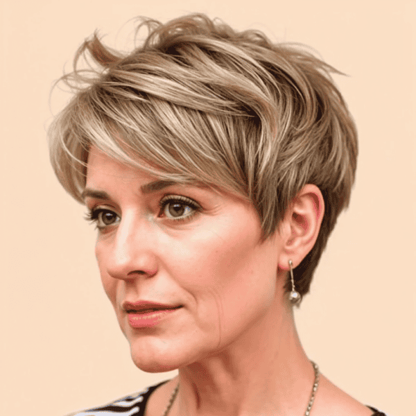 A person with choppy pixie cuts and earrings, in a striped top, looking to the side against a beige background.