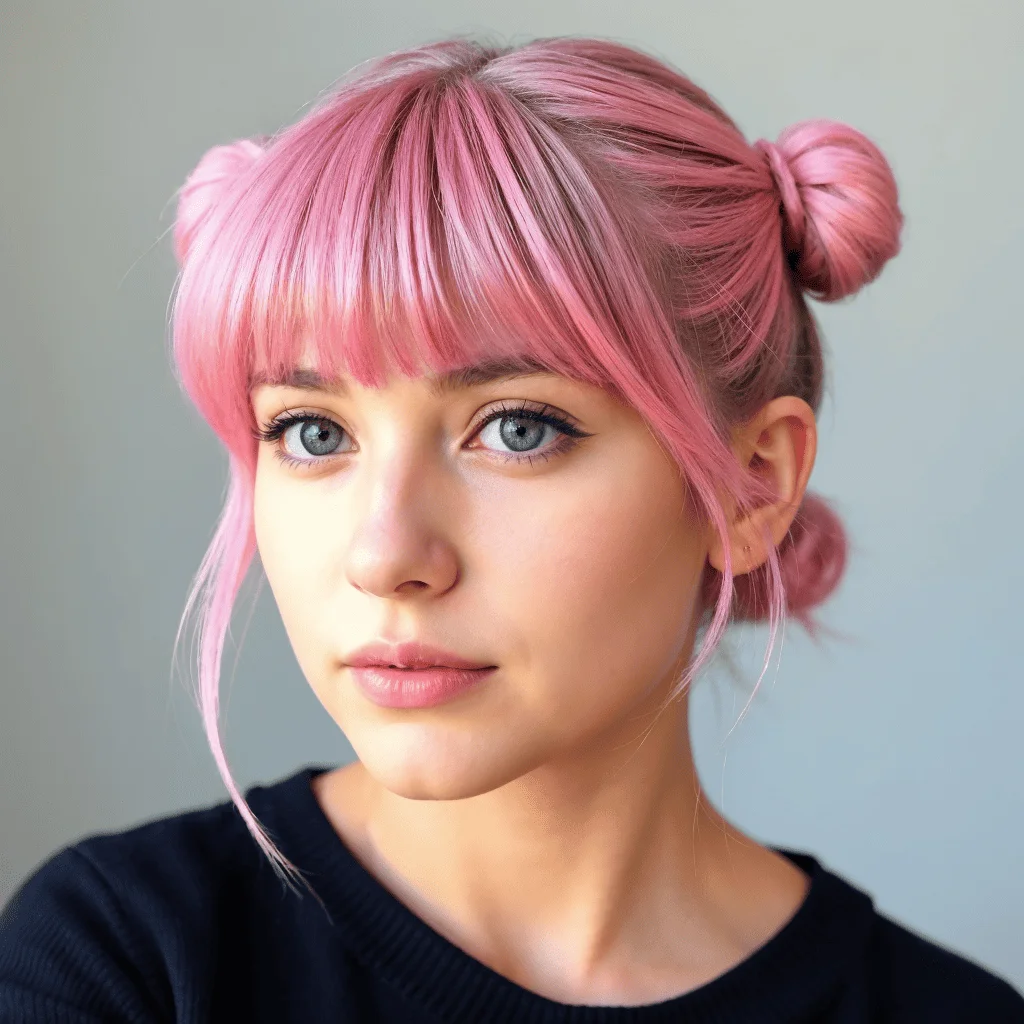 Person with pink hair styled in two buns, reminiscent of emo hairstyles for girls, wearing a black top. She gazes at the camera with a neutral expression against a light background.