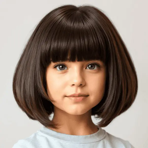 Girl with a cute bob haircut and bangs, looking directly at the camera in a light gray top against a plain background.