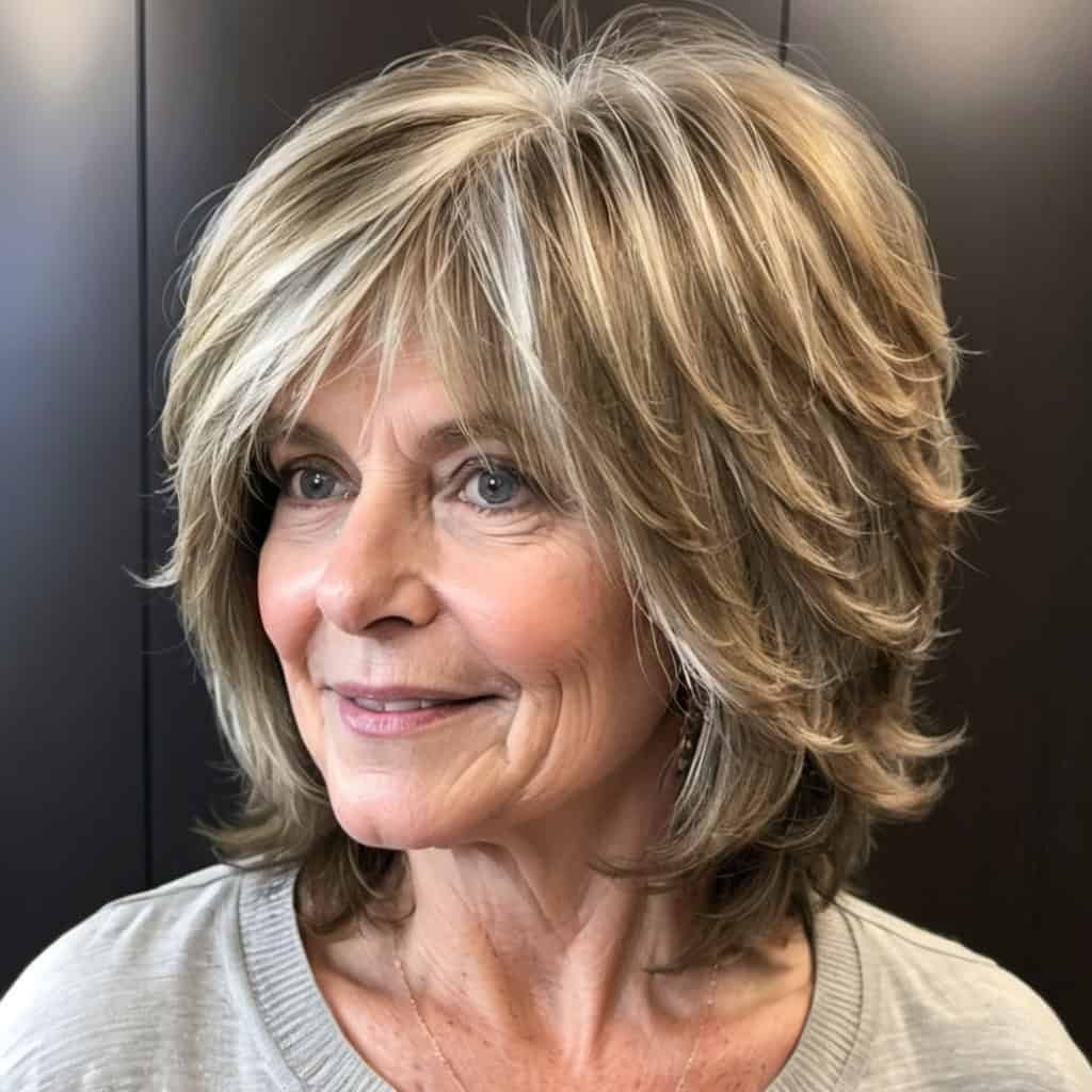 Feathered Layered Lob Bob hairstyles for women over 50