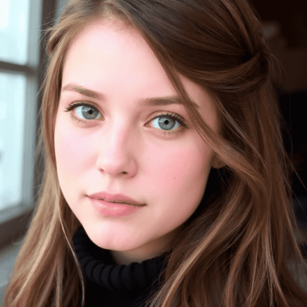 Teen girl with trendsetting long brown hair and blue eyes, wearing a black top, in a softly lit indoor setting.