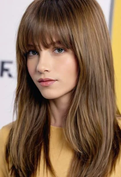 A person with long, straight brown hair and bangs, wearing a yellow top, indoors against a light background—ideal hairstyles for little girls.