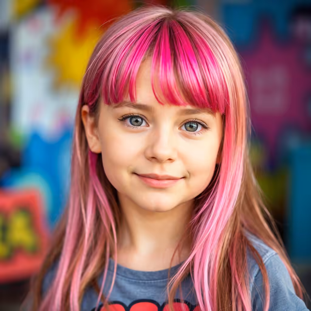 Long Hair with Pink Undertones Bangs Hairstyles for Little Girls