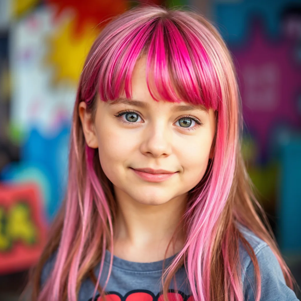 Long Hair with Pink Undertones Bangs Hairstyles for Little Girls