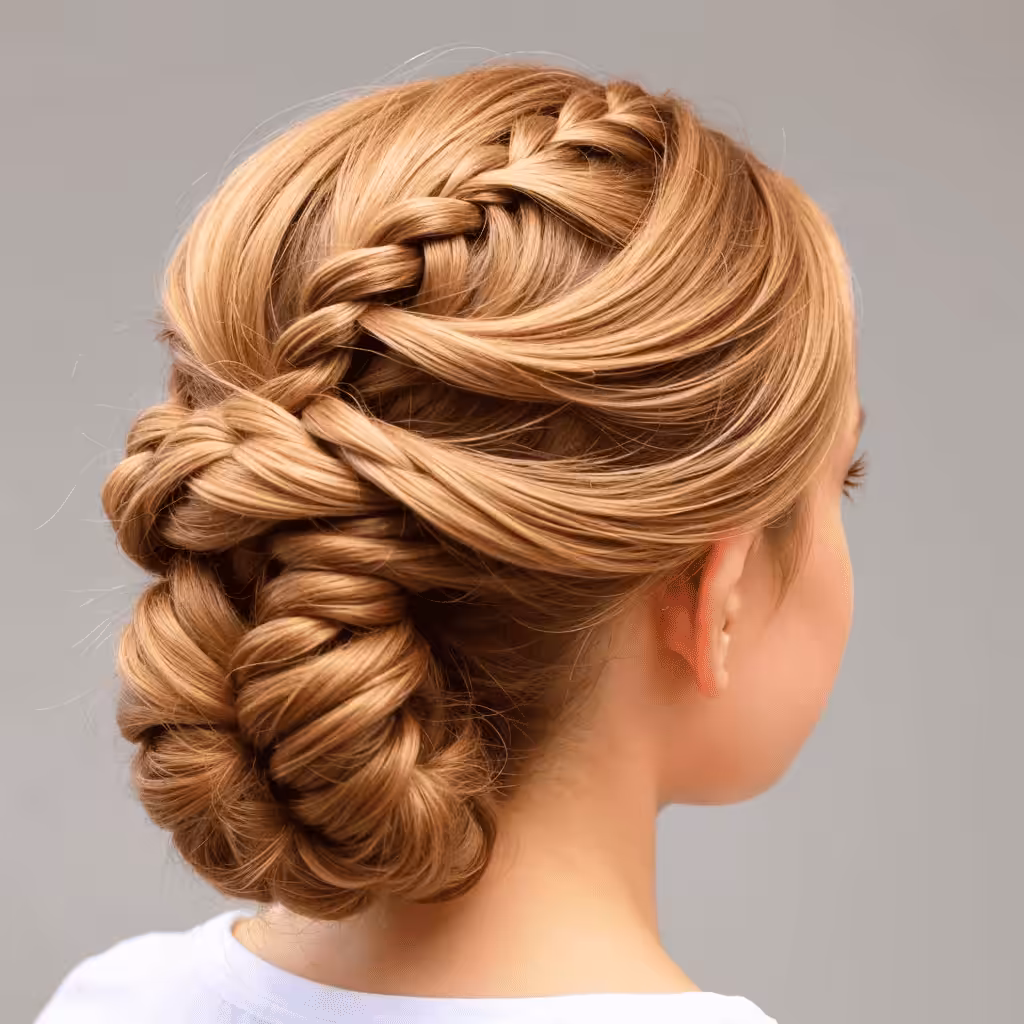 Low Halo Braid Updo School hairstyles