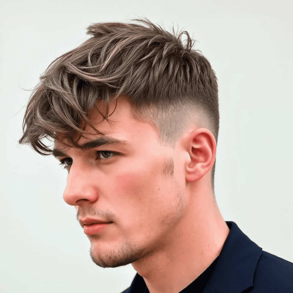 A young man in profile with wavy, styled hair and an undercut, showcasing one of the popular short haircuts for men. Hes wearing a black jacket and looking off to the side with a neutral expression against a plain background.