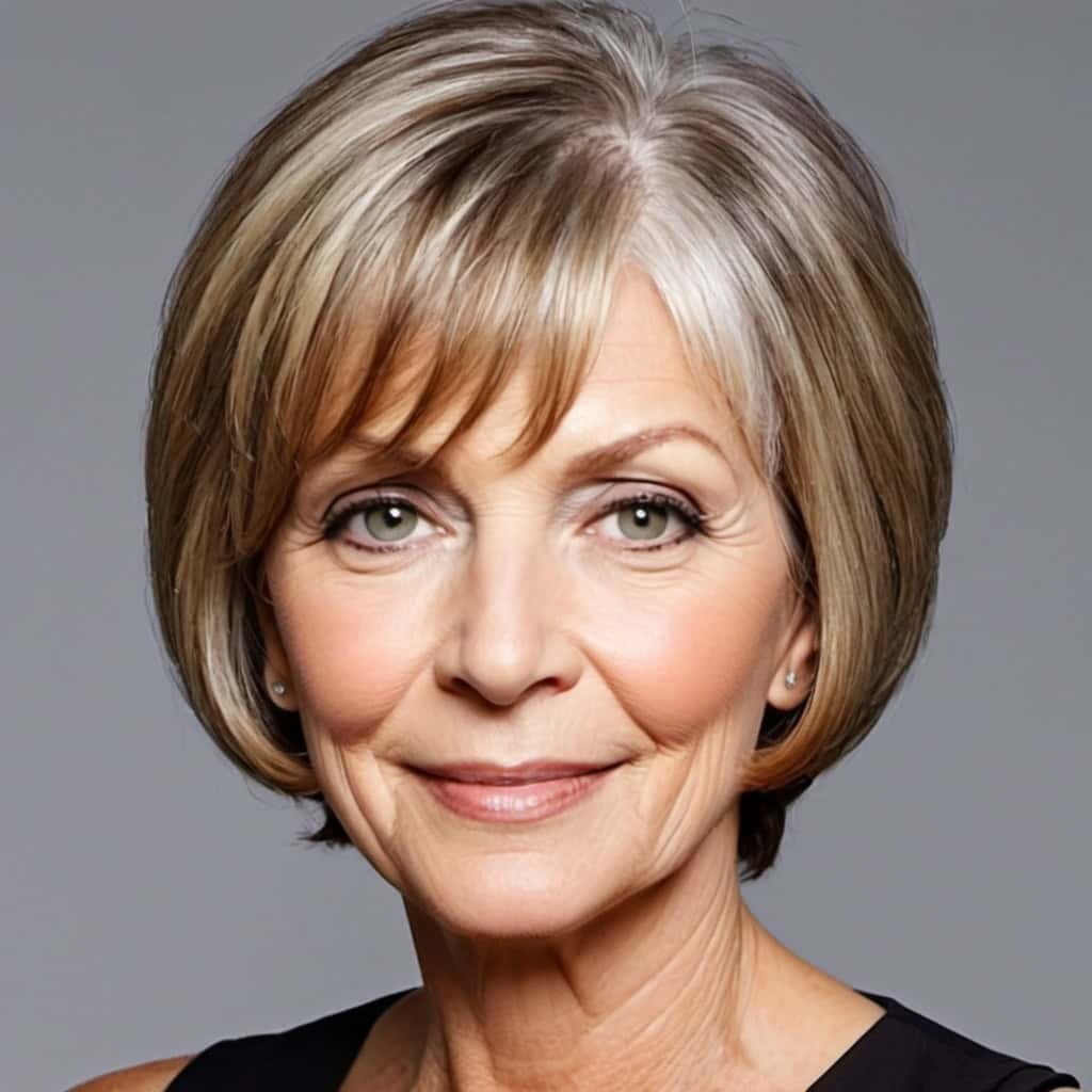 An elderly woman with short, layered gray hair embraces one of the elegant hairstyles and haircuts for women over 60. She smiles slightly in her black top against a neutral gray background.