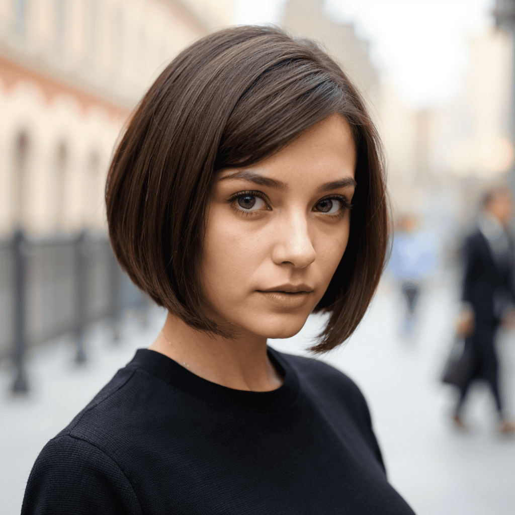 A person with short brown hair, showcasing one of the chic short hairstyles and haircuts for girls, stands outdoors in a black top, looking towards the camera. The background is a blurred city street with buildings and people walking.